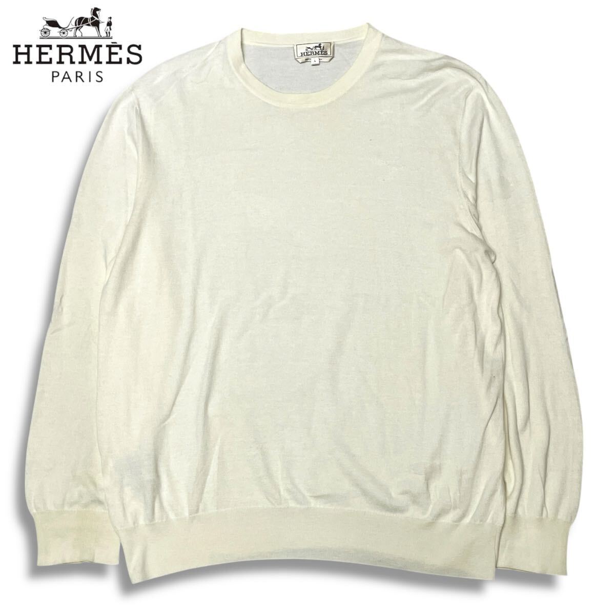 3国内正規品 HERMES エルメス エンボス シープ ロゴ カシミヤ混 ウール ニット セーター クルーネック メンズ L アイボリー イタリア製拍卖