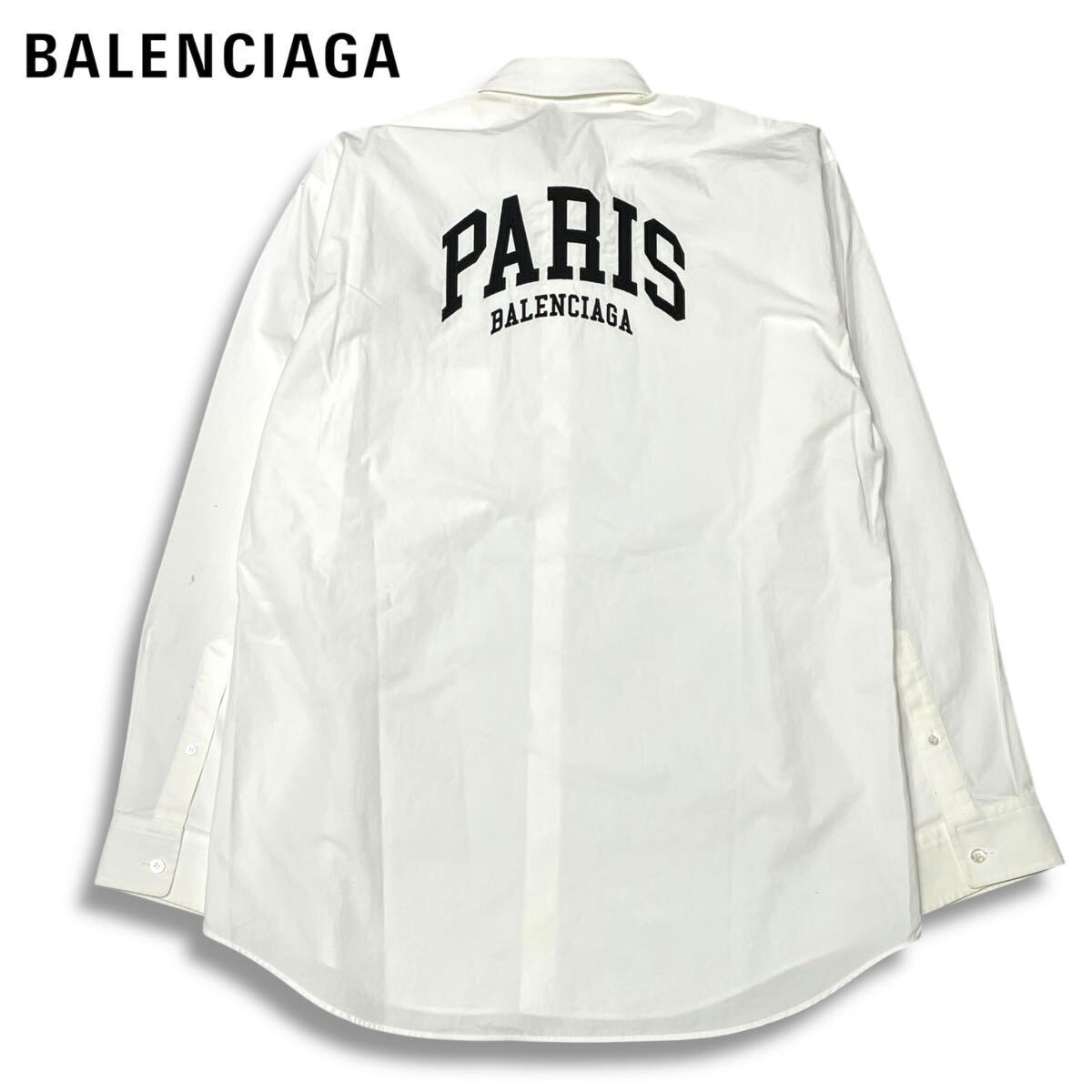7 国内正規品 BALENCIAGA バレンシアガ 21ss 690373 バック ロゴプリント 長袖コットン ボタンダウン ドレスシャツ 36 ホワイト メンズ拍卖