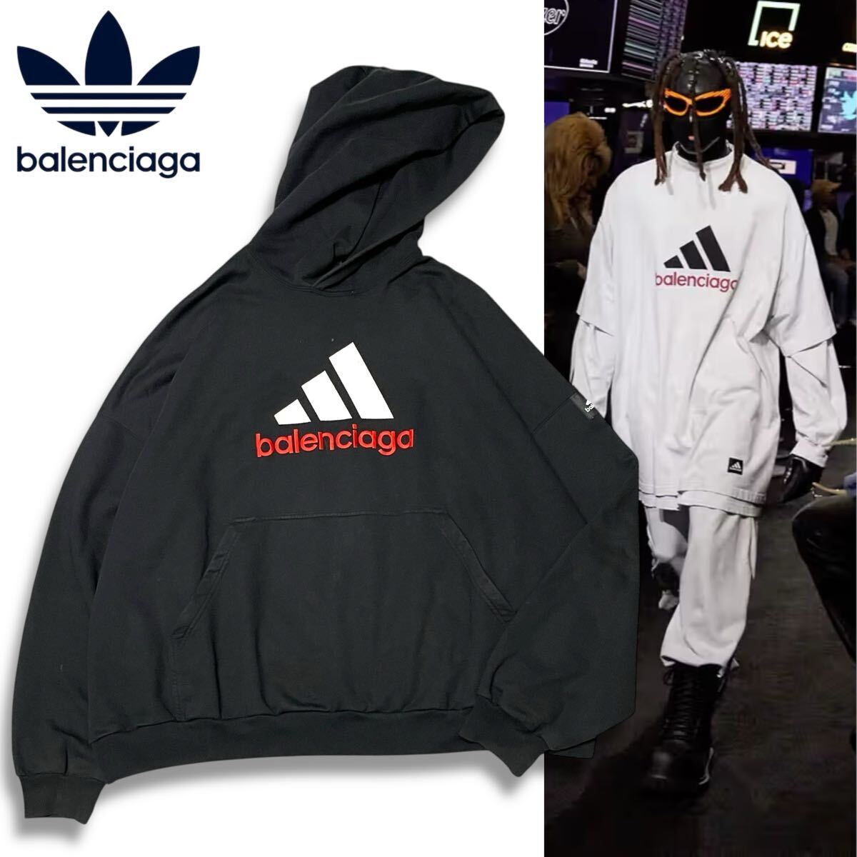 37 国内正規品 BALENCIAGA × ADIDAS バレンシアガ × アディダス 22AW 724568 ロゴ刺繍 スウェット フーディー パーカー L ブラック拍卖