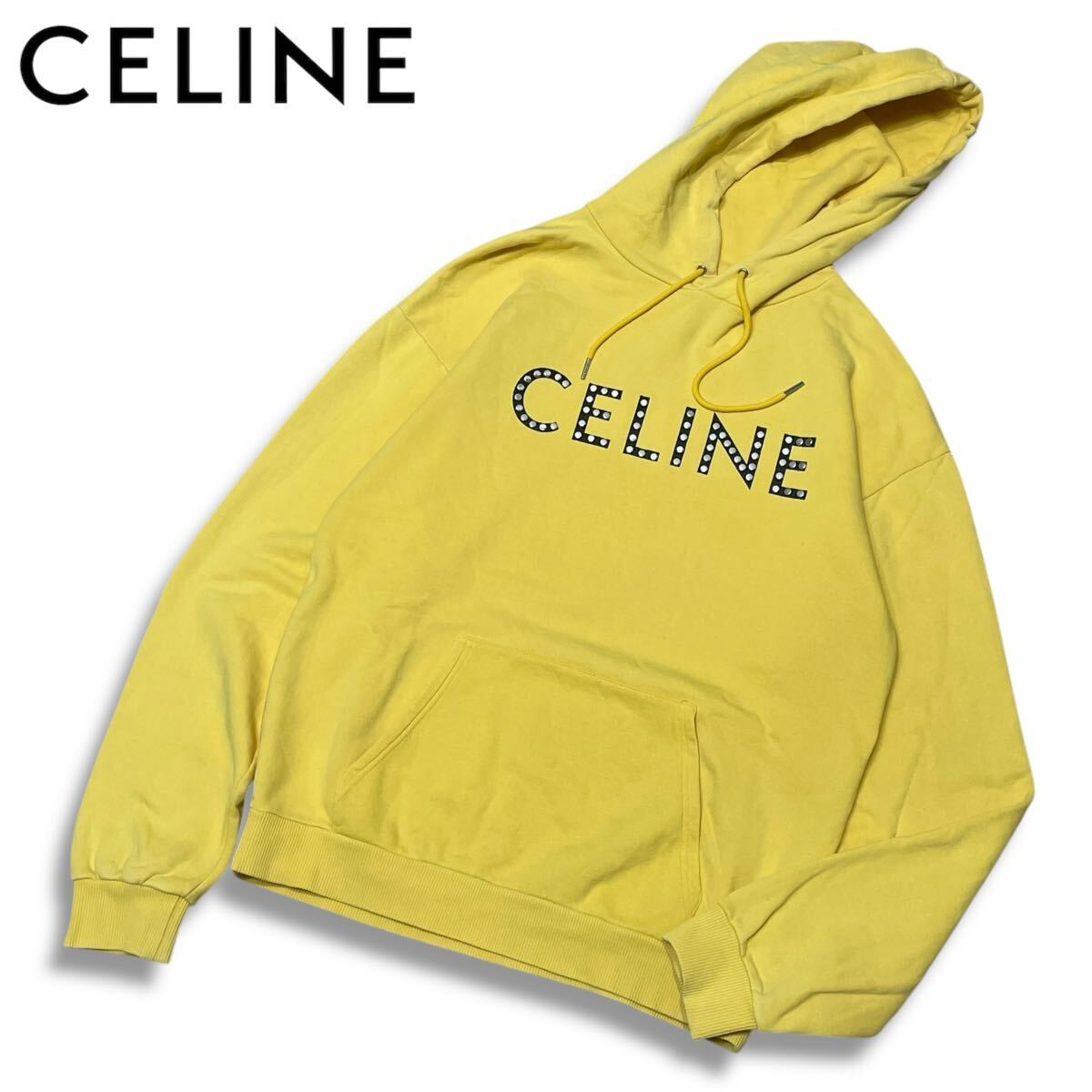 41 国内正規品 CELINE セリーヌ 22ss 2Y695670Q STUDS LOGO PULLOVER スウェット スタッズ ロゴ フーディー プルパーカー イエロー S拍卖