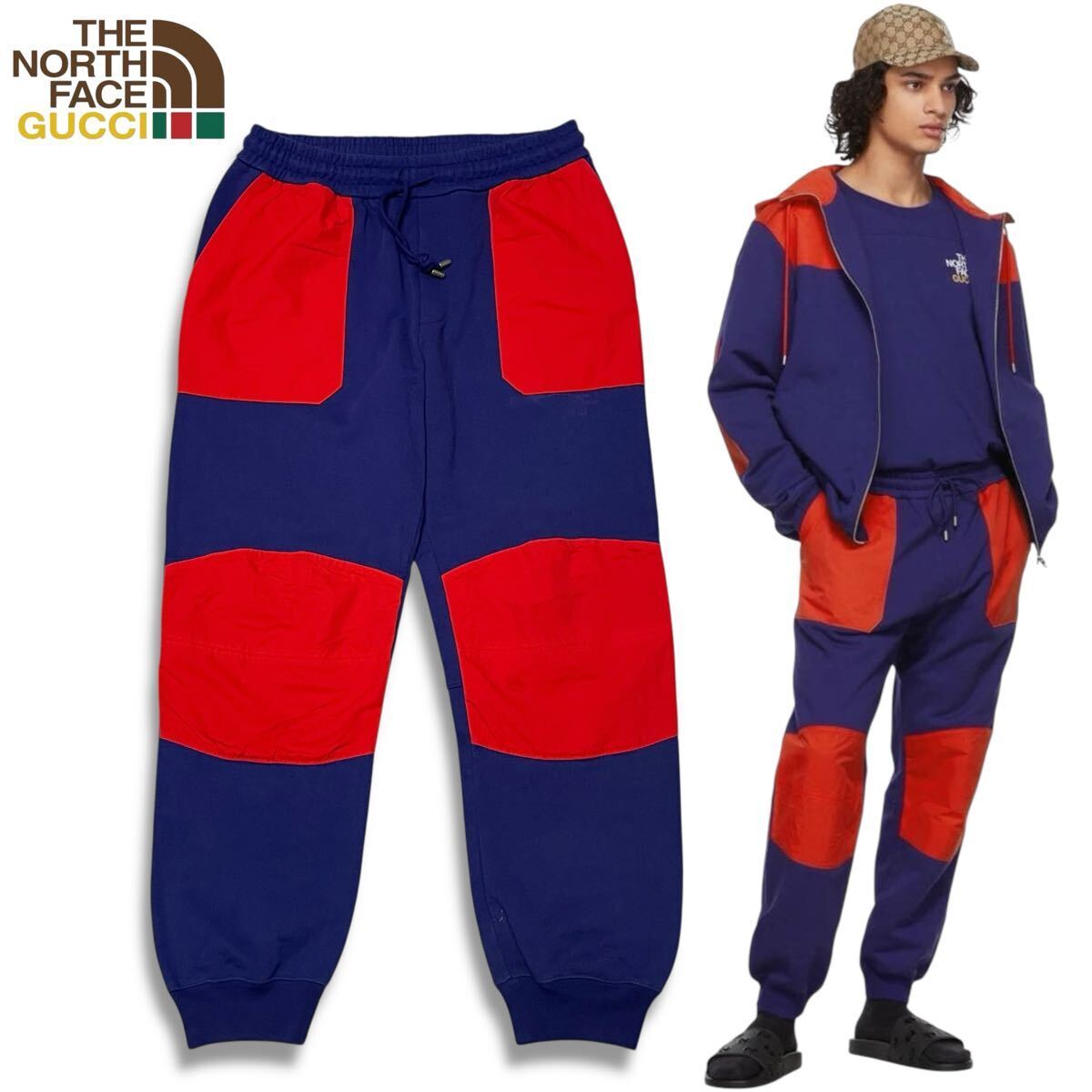 54 正規品 GUCCI × THE NORTH FACE グッチ×ノースフェイス 671463 コラボ スウェット ジョガーパンツ ボトムス 切替 ブルー×レッド XS拍卖