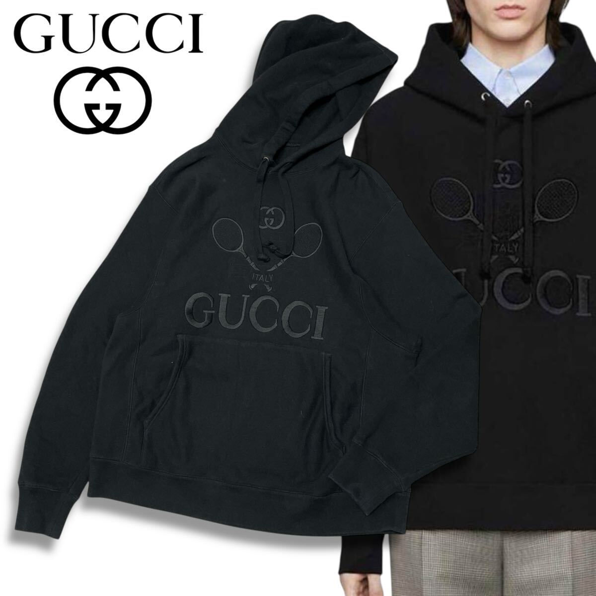 60 国内正規品 GUCCI グッチ 560502 テニス ラケット ロゴ刺繍 スウェット ブーディー パーカー プルオーバー S ブラック イタリア製 拍卖