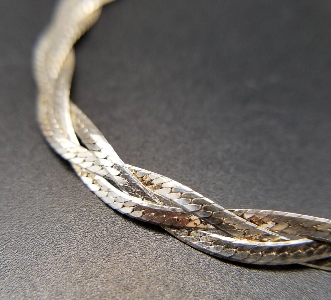 イタリア ヴィンテージ ヘリンボーンチェーン 編み込み 925 シルバー ブレスレット 銀 上品 細幅 Woven Y24-J拍卖