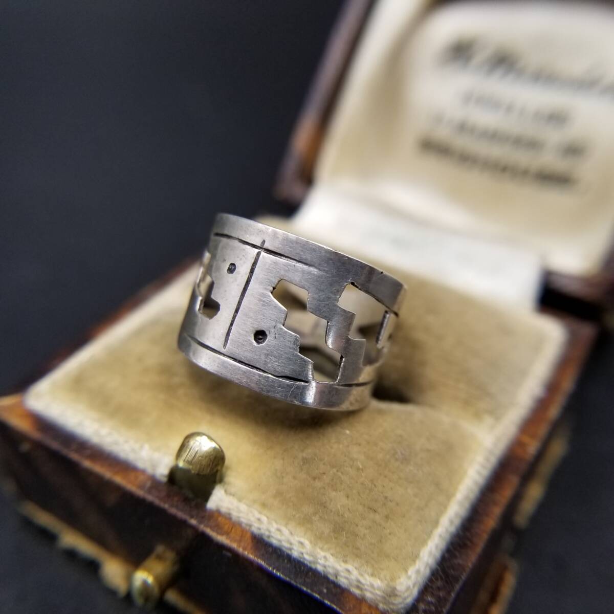 SC メキシコ 925 シルバー アステカ/マヤ紋様 オープンワーク ヴィンテージ テーパード リング 銀 指輪 幅広バンド Mexico Y24-X拍卖