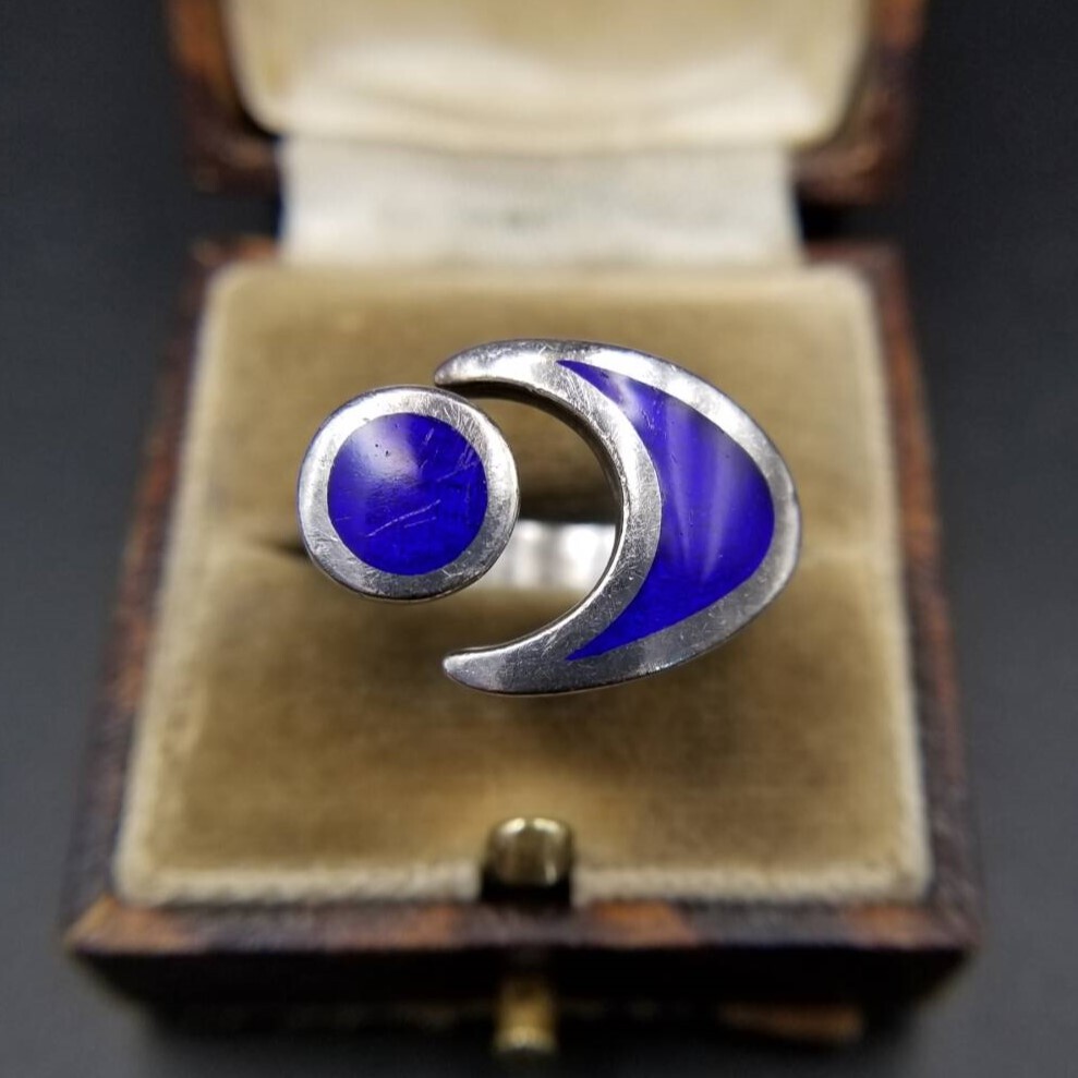 Sorini Pietro & Casi イタリア ヴィンテージ 三日月と惑星 925シルバー リング ブルーエナメル 銀 指輪 宇宙モチーフ 大ぶり 存在感 Y25-B拍卖