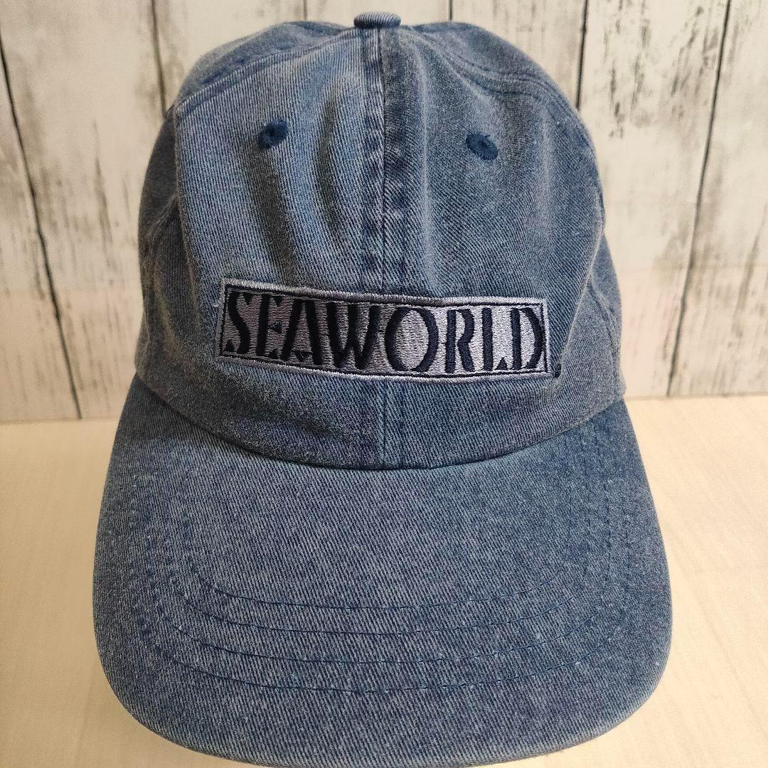 【デニム地】 シーワールド ロゴ 6パネル 水族館 企業ロゴ 刺繍 褪せ感抜群 ヴィンテージ エンブロイダリー インディゴ アメリカ古着拍卖