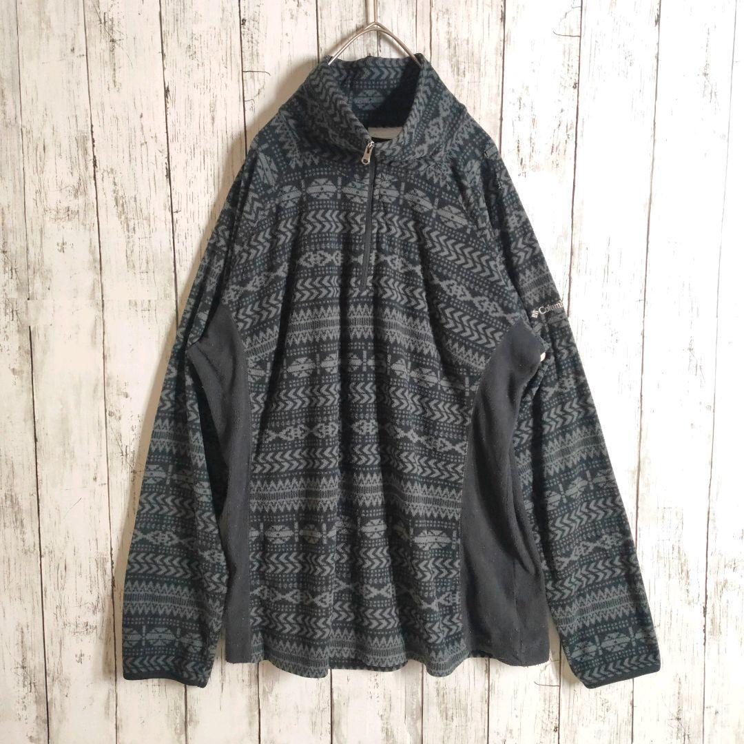 Columbia コロンビア フリース XL 総柄 オルテガ 民族柄 切り替え ロゴ刺繍 あったか アウトドア トレッキング グレー チャコール 拍卖