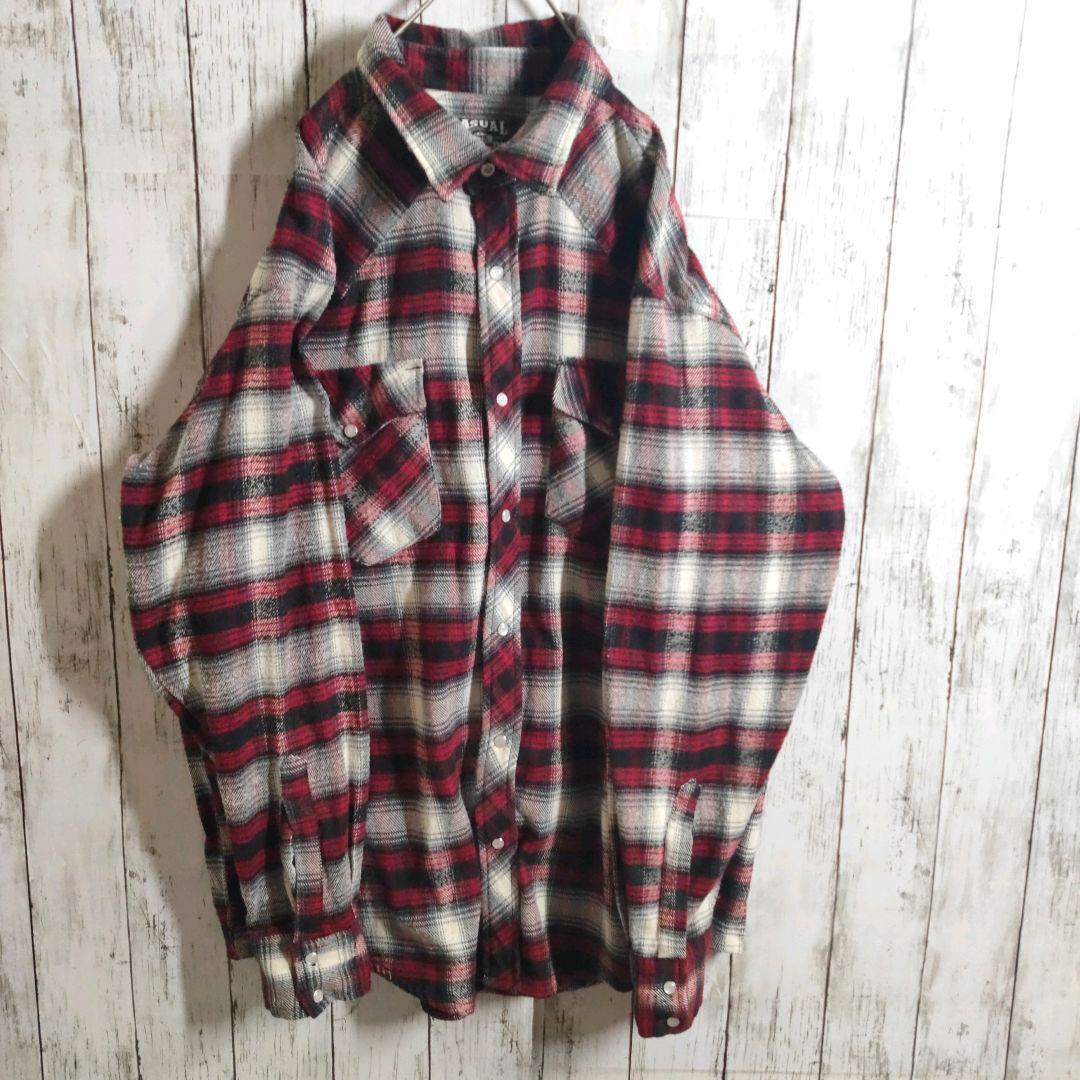 CASUAL COUNTRY ウエスタンシャツ L マドラス チェック柄 USA 古着 厚手生地 ビッグシルエット レッド red ブラック black ホワイト white拍卖