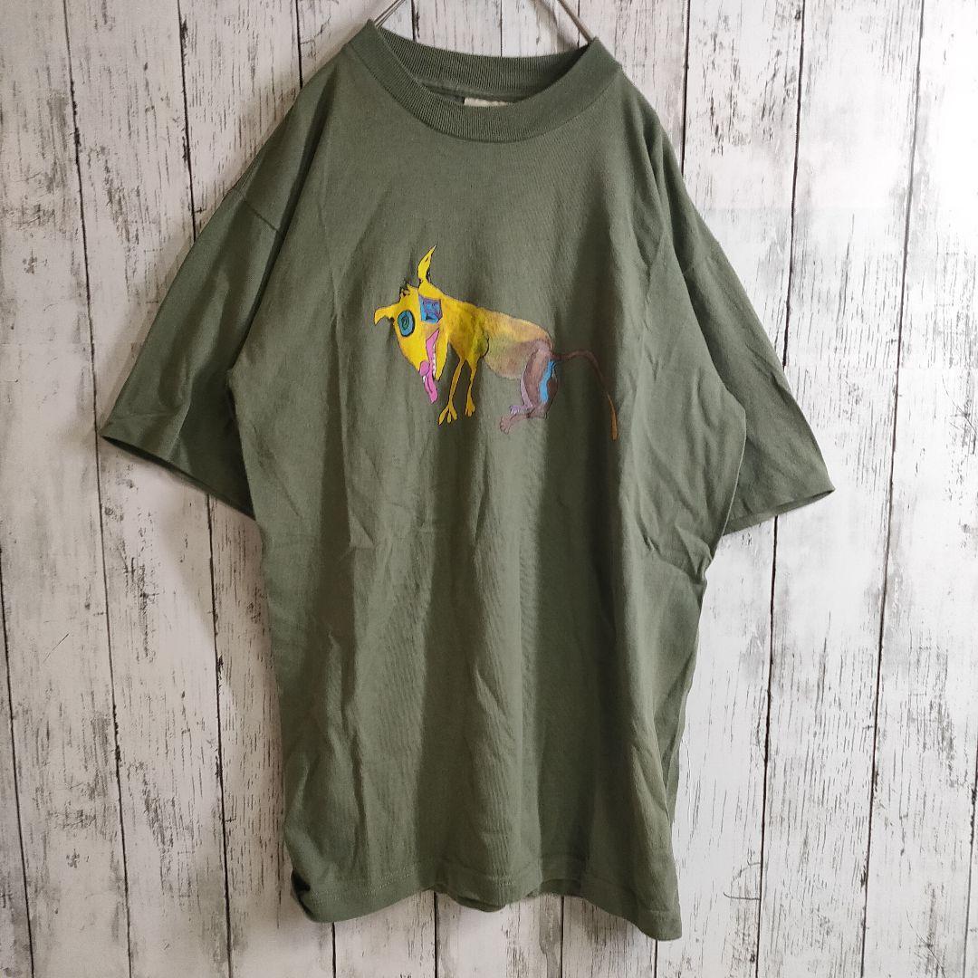 VOLCOM ボルコム Tシャツ S モスグリーン プリントアート プリント ロゴ シングルステッチ 抹茶 green こなれ 犬 黄色 紫 両面 ビンテージ拍卖