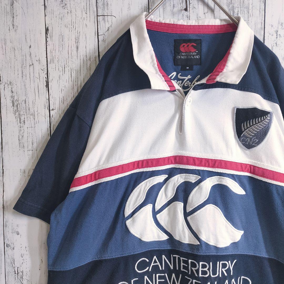 カンタベリー ラガーシャツ ポロシャツ 紺白赤 ボーダー パッチワーク 刺繍 ワッペン キーウィラグビー CANTERBURY OF NEWTEALAND拍卖