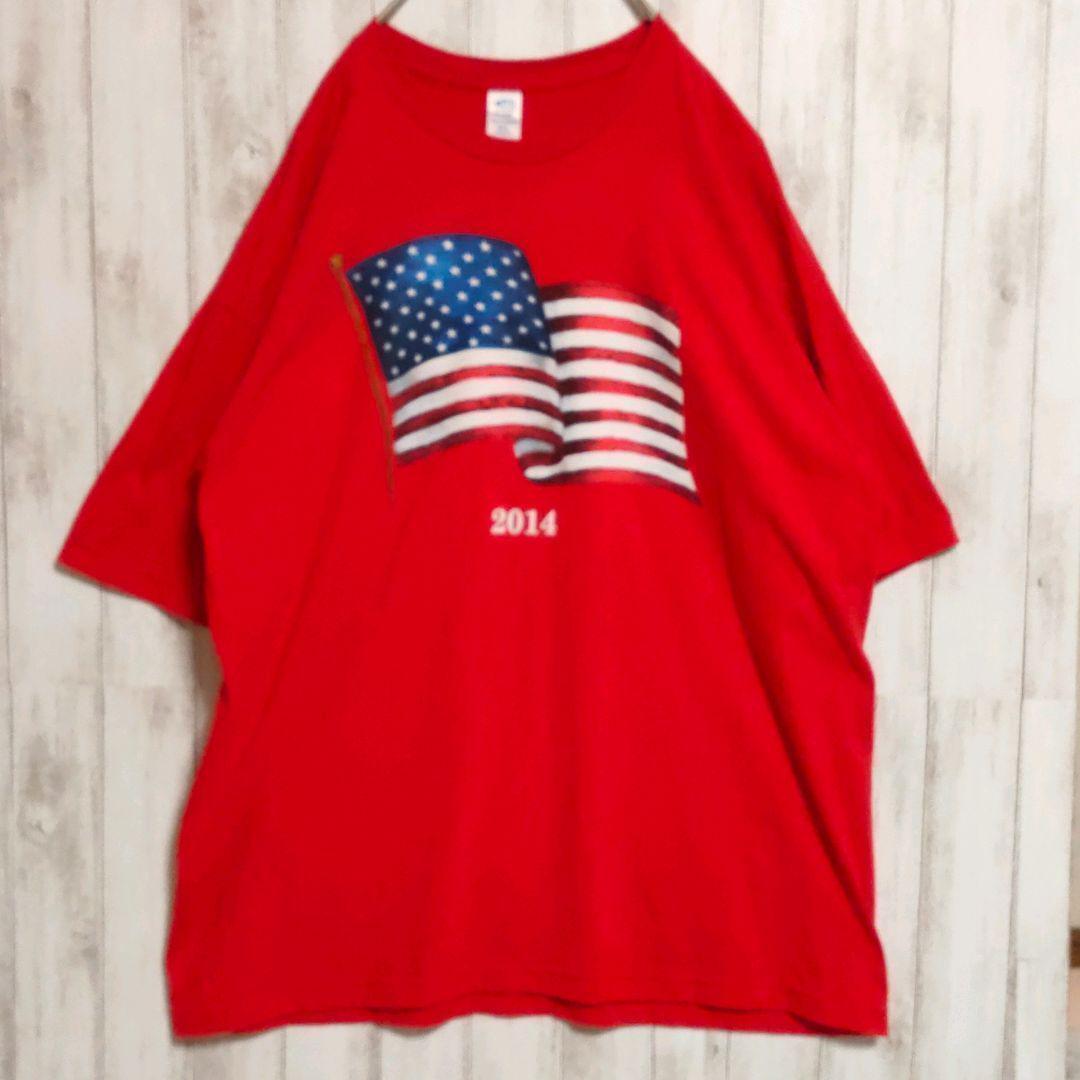 星条旗 プリント Tシャツ XL 赤 レッド USA製 スターズ&ストライプス 2014 赤好きにはたまらない鮮烈RED! カズレーザー アメリカ古着 拍卖