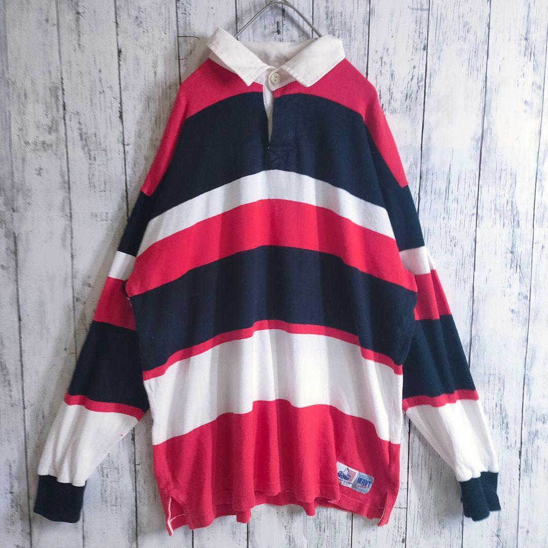 TOMPSON ポロシャツ 太ボーダー ラガー 肉厚生地 黒赤白 ラグビー スポーツ 長袖 ヴィンテージ レッド red ブラック black ホワイト white拍卖