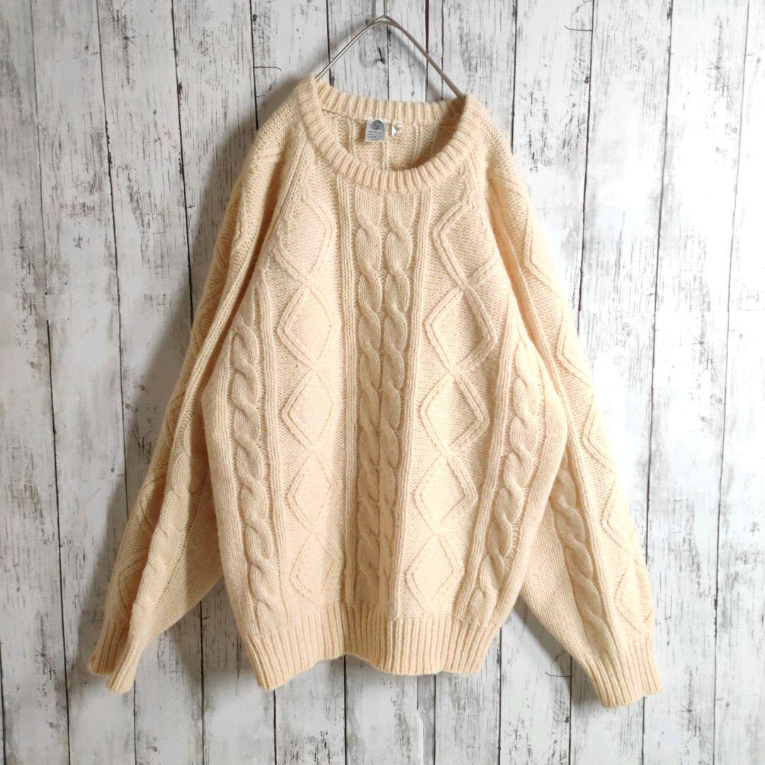 KNIT 肉厚なアランニット ざっくり セーター ケーブル編み L すかし かぎ編み 生成 フィッシャーマン ホワイト white ベージュ beige拍卖