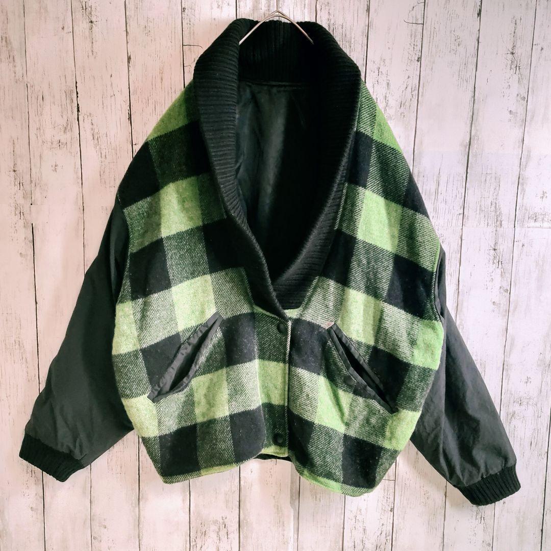 フランス製 ユーロジャケット Jacket ジャンパー ブロックチェック 市松模様 モックネック ショール グリーン green ブラック black拍卖