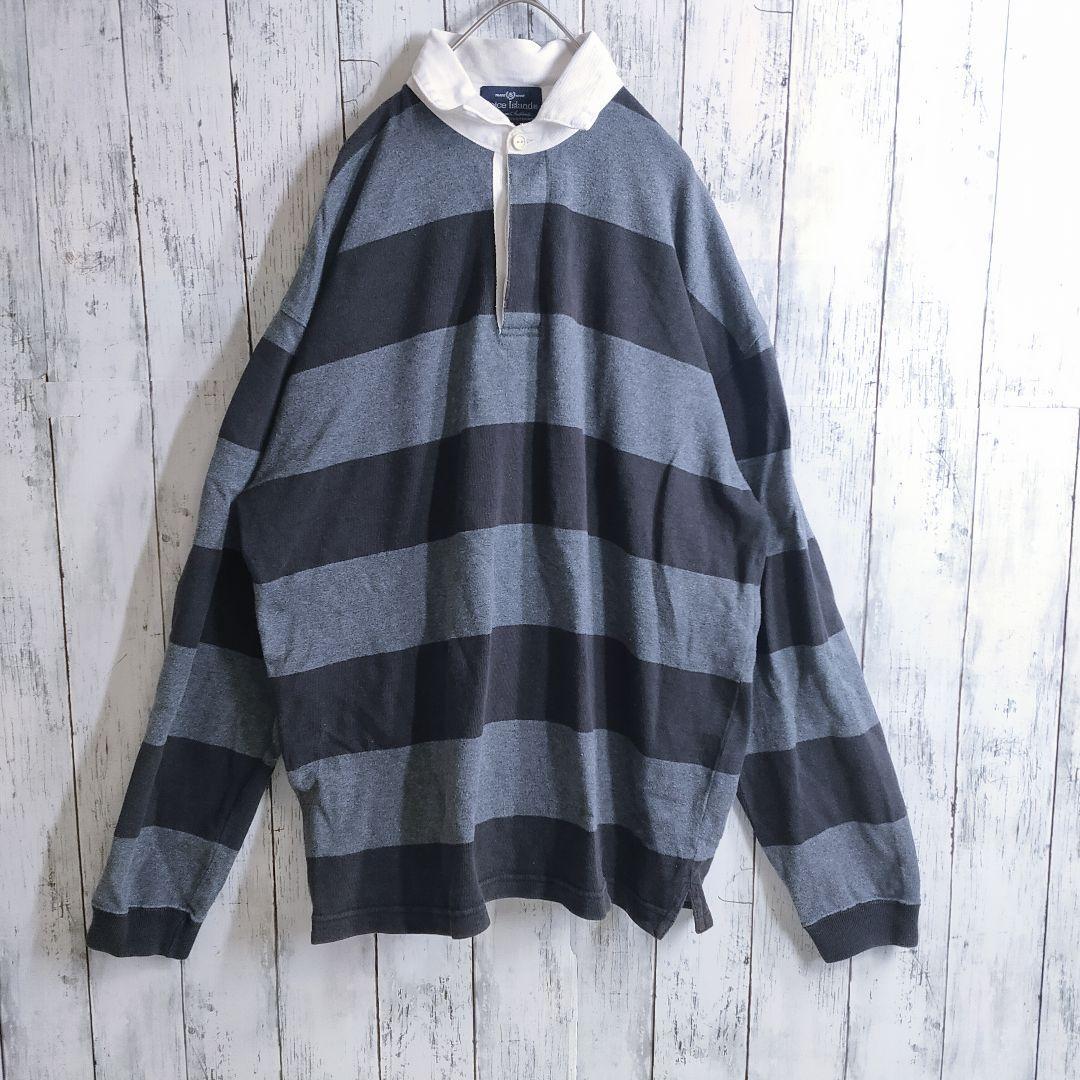 太ボーダー ラガーシャツ 黒グレー L 白襟 レトロデザイン 長袖 ポロシャツ Spice Island Premium Authentic STANDARD RUGBYSHIRTS拍卖