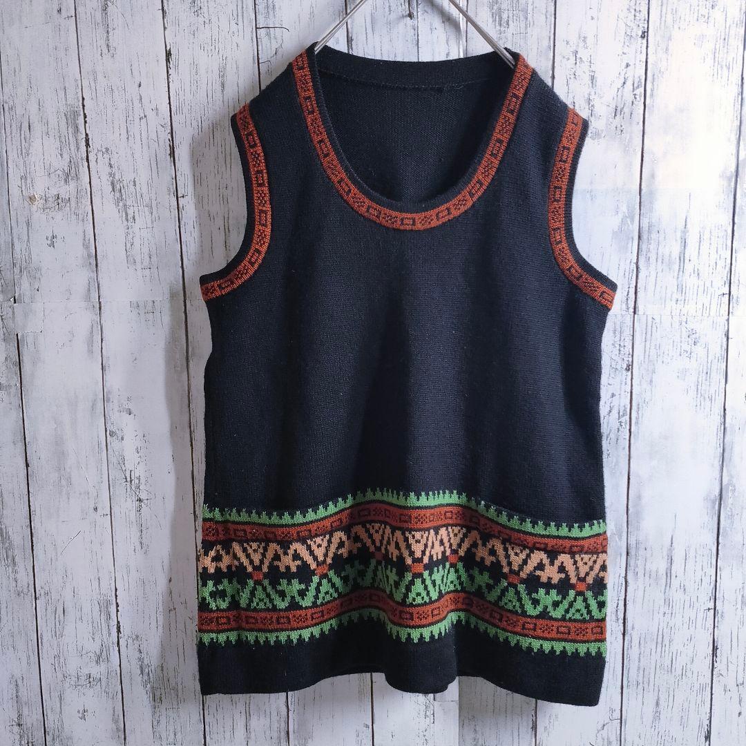 ウールベスト 黒 緑 橙 M〜L オルテガ キリム 民族柄 ノスタルジック レトロ 左右ポケット ブラック black グリーン green オレンジ orange拍卖