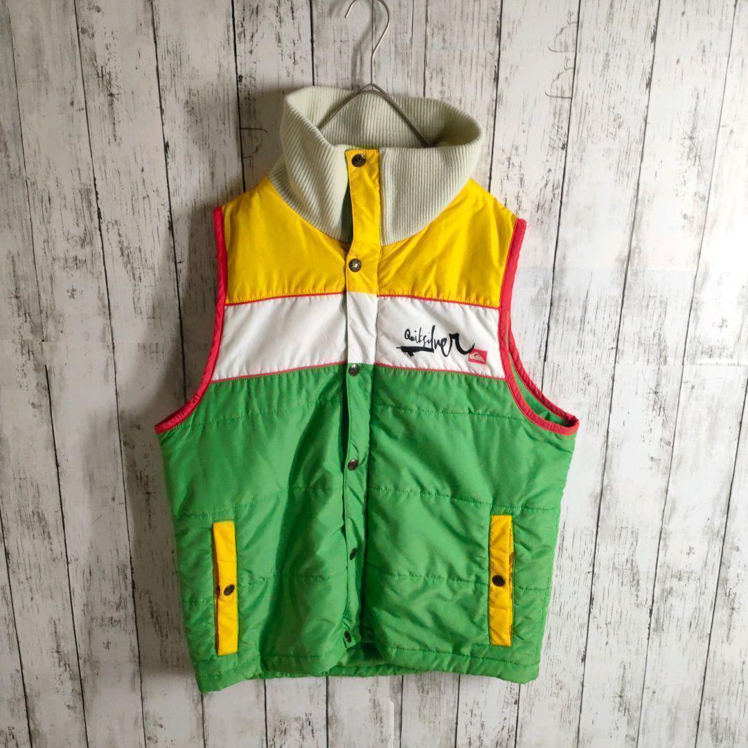 QUIKSILVER Surf outdoor サーフブランド vest クイックシルバー 中綿ベスト L 配色 黄緑 黄色 白 アウトドア 古着 バイカラー拍卖