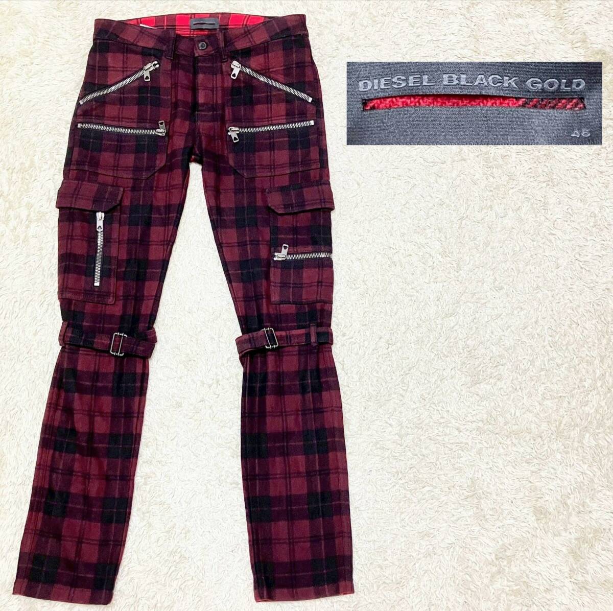 【美品★】サイズ46 美品 DIESEL チェック柄 ボンテージパンツ 赤●ディーゼルブラックゴールド (10)拍卖