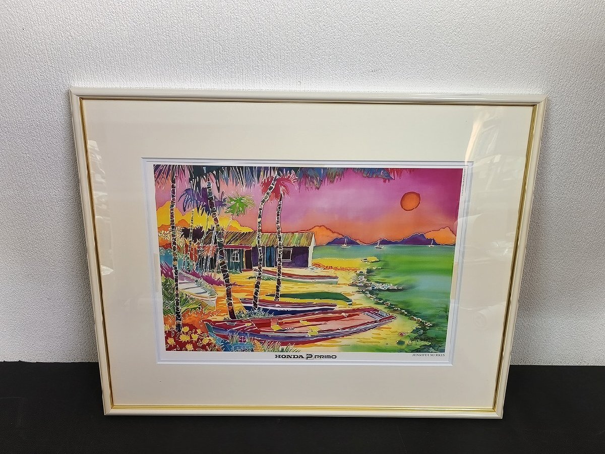 額縁入り 絵画 店舗販促用 ホンダプリモ ジェニファー・マークス ビーチ 船 小屋 外寸 縦53cm×横66cm_長PA902拍卖