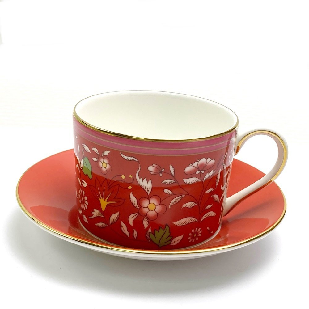 rm) WEDG WOOD ウェッジウッド CRIMSON JEWEL クリームソン ジュエル カップ&ソーサー 赤 レッド 花柄 陶器 洋食器 ※中古 保管品拍卖