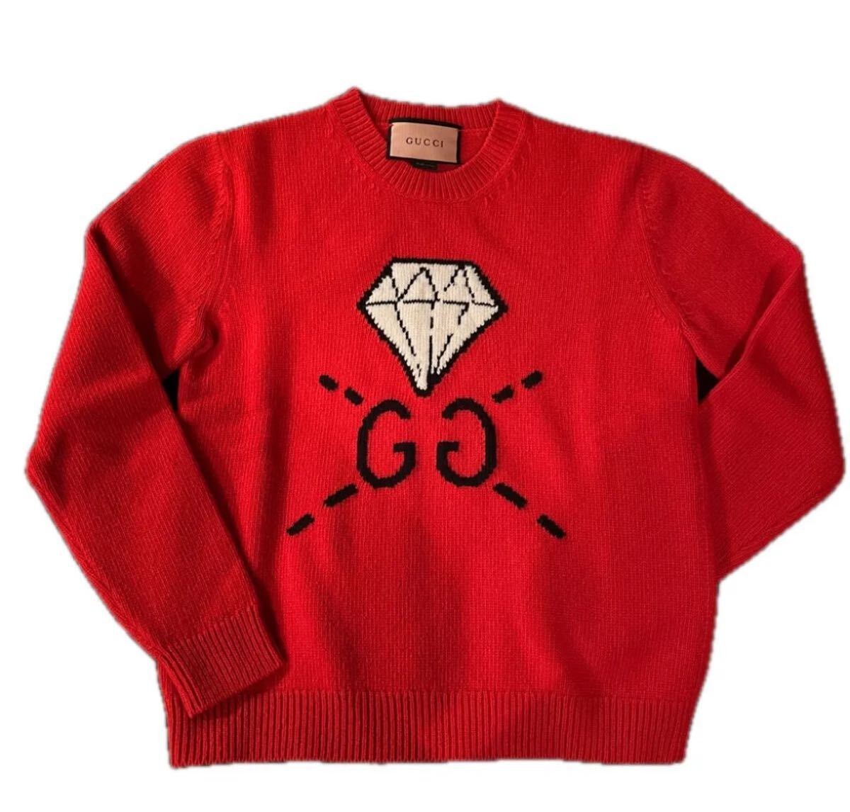 新品【GUCCI】限定 グッチゴースト コラボ ニット GG ダイヤモンド 長袖ニット ロゴ 赤 セーター拍卖