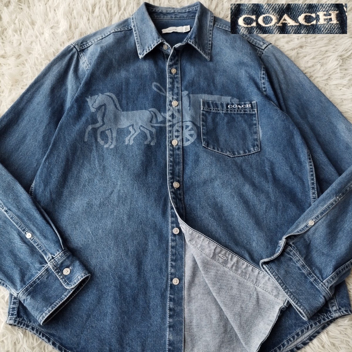【美品 希少XL相当】 COACH コーチ デニム 長袖シャツ 近年モデル ホース&キャリッジ ロゴ 刺繍 馬車 インディゴブルー ジャケット Gジャン拍卖