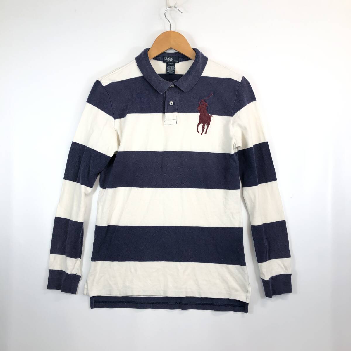 Ralph Lauren ラルフローレン 長袖ポロシャツ ホワイト ナス紺 ボーイズXLサイズ ビッグポニー拍卖