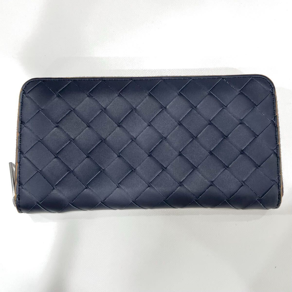 美品 BOTTEGA VENETA ボッテガヴェネタ 749427 イントレチャート レザー ラウンドファスナー長財布 ネイビー×オレンジ 袋付き 送料無料拍卖