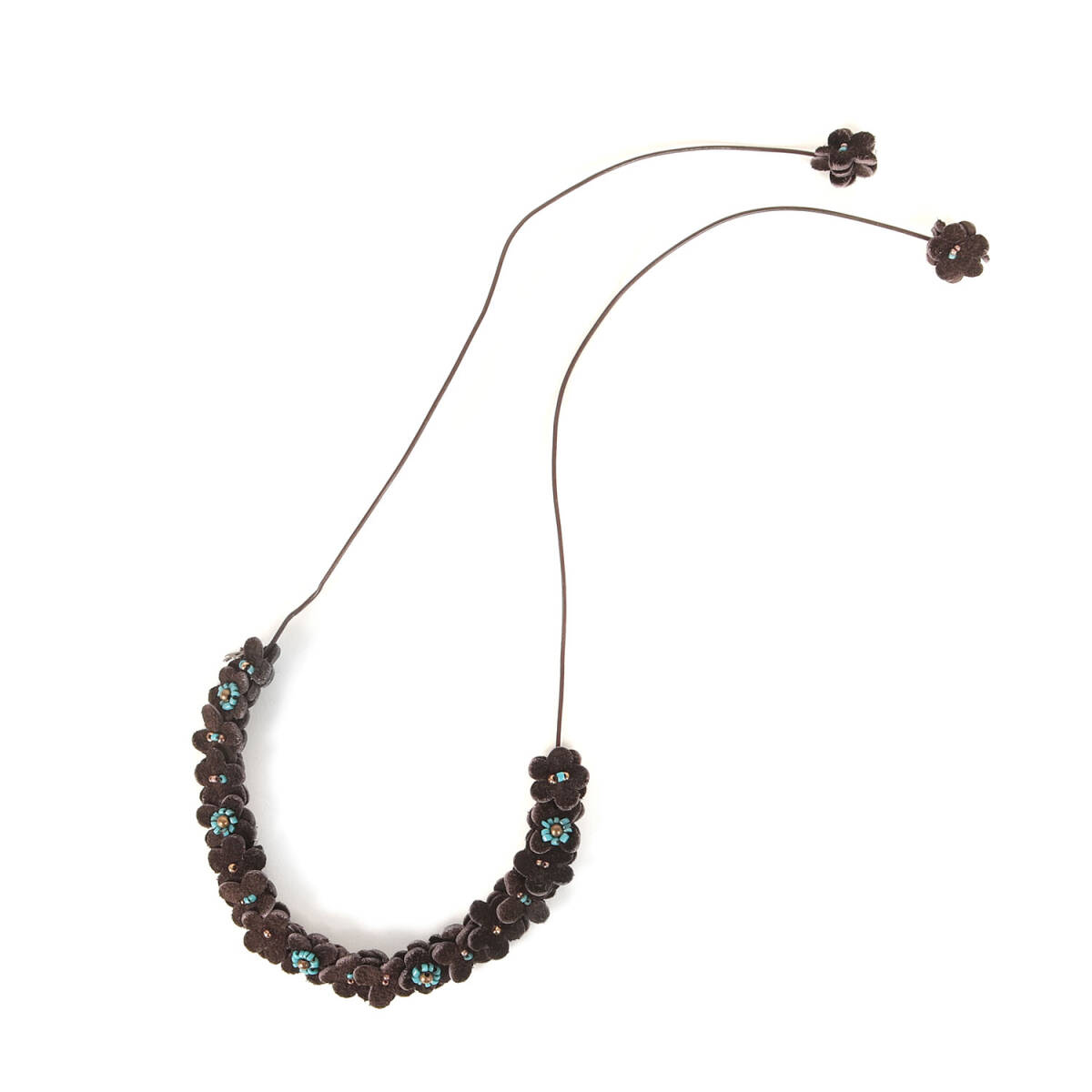 45R フォーティファイブ・アール レザーの小花ネックレス / チョーカー リボン チャーム ビーズ | ダークブラウン グレージュ系拍卖