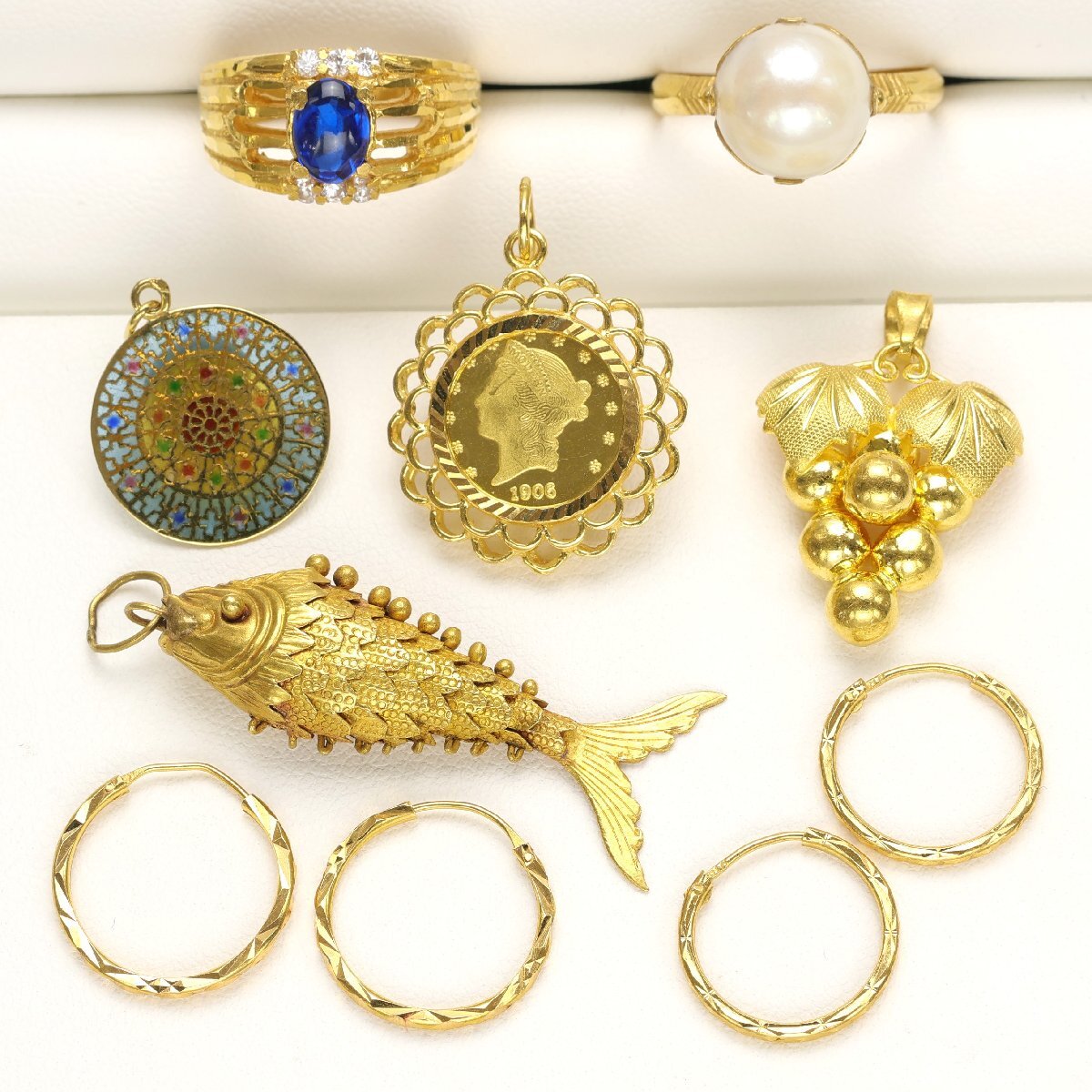 おたからや◆K18~K24相当ジュエリー 8点《約26.4g》コインペンダントトップ,石付リング等 ※X線結果ご参照下さい【B-YA02595】拍卖