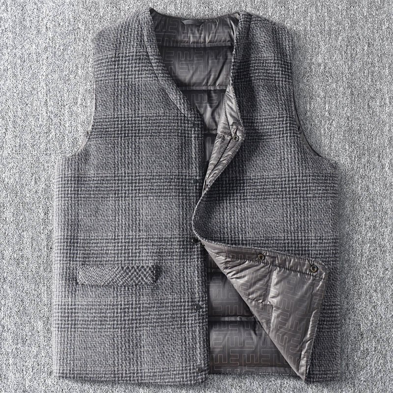 新品 イタリア風 上質 ウール混 ダウンベスト 千鳥柄 厚手 保温 シームレス ダウン ビジネス 秋 冬 紳士 ダックダウン メンズ 灰 T1184-L拍卖
