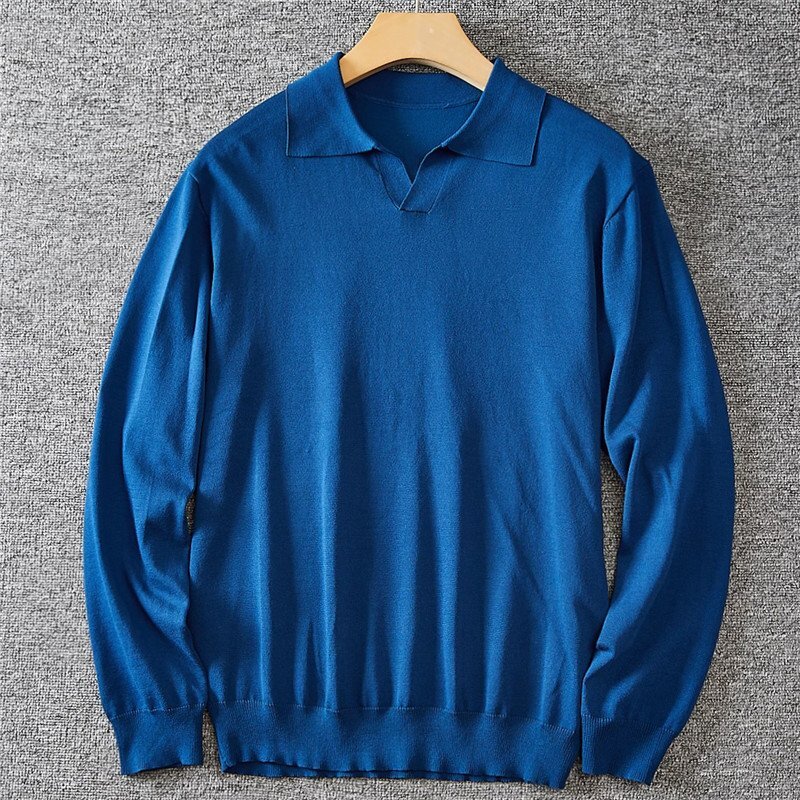 高級 新品 イタリアン スキッパー ポロシャツ 長袖ニット メンズ 紳士 テンセル混 薄手 春秋 カジュアル セーター 紺色 T5100-M拍卖