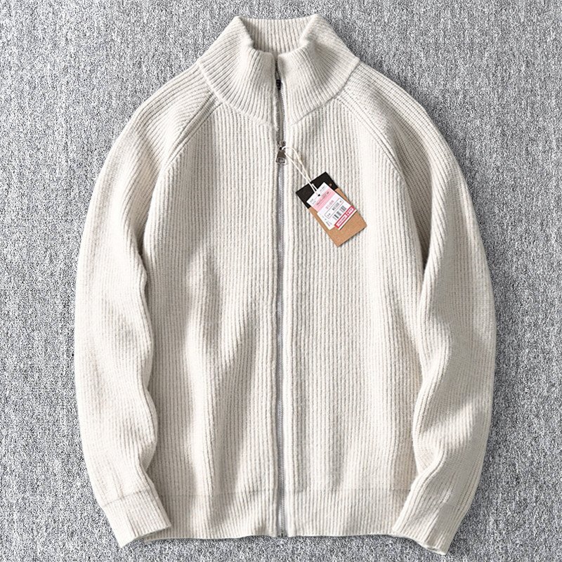 新品 ウール ジップアップカーディガン メンズ 暖かい リブニット 秋冬 ジップアップ セーター ジャケット アウター クリーム色 T6017-M拍卖