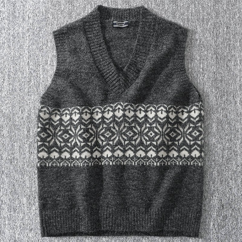 新品 DCKMANY ウール混 アメリカン ジャカード織り 袖なし Vネック ベスト 秋冬 メンズ 暖かい ノースリーブニット セーター 灰 T5160-4XL拍卖
