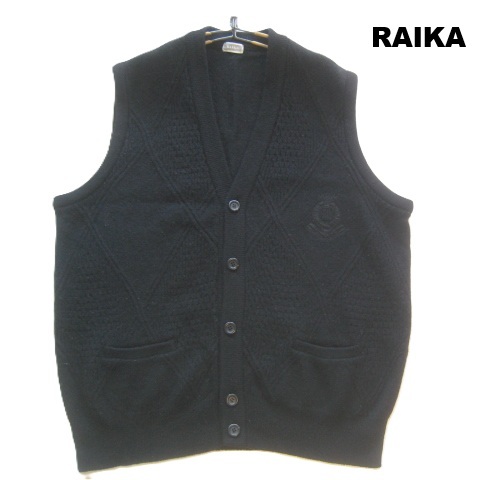 極上日本製!!ライカ RAIKA*定価2.5万 ロゴ刺繍 前開き ふわとろキャメルウールニットベスト L 黒 ブラック拍卖