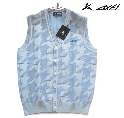 新品!!アクセル AXEL*つるやゴルフ ロゴ刺繍 前開き 千鳥織り柄 コットンニットベスト M 水色 GOLF拍卖