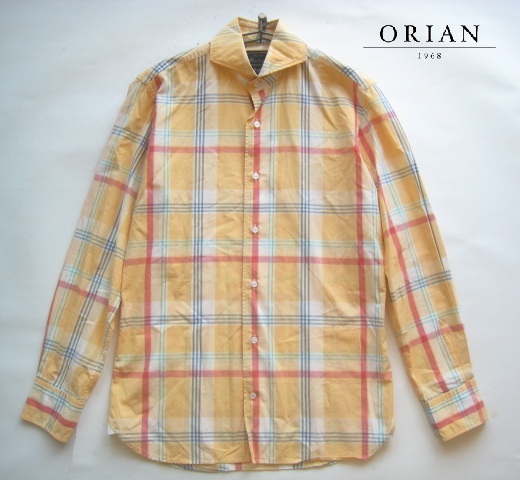 極上イタリア製!!オリアン ORIAN*SLIM FIT 美シルエット チェック柄ドレスシャツ XS 実寸S カッタウェイ ホリゾンタルカラー拍卖