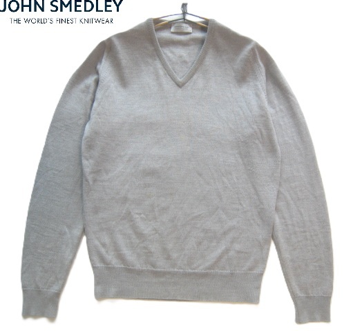 極上英国製!!ジョンスメドレー JOHN SMEDLEY*美シルエット メリノウールニットセーター S グレー イングランド製 Vネック拍卖