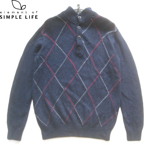 美品!!SIMPLE LIFE D'URBAN*アーガイル柄 立ち襟ヘンリーネック カシミヤウールニットセーター L 紺 シンプルライフ ダーバン拍卖