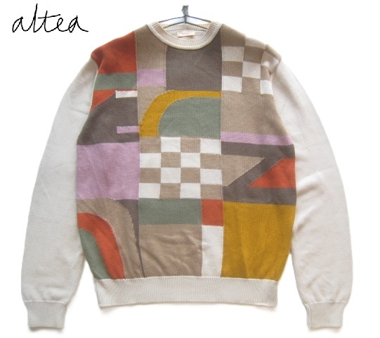 極上イタリア製!!アルテア altea*総織り柄 クルーネック コットンニットセーター S ベージュ系拍卖