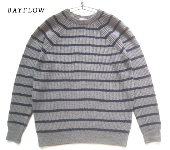 美品!!ベイフロー BAYFLOW*ボーダー柄リブ編みウールニットセーター 3 実寸M グレー×紺 海上がりに着たい拍卖