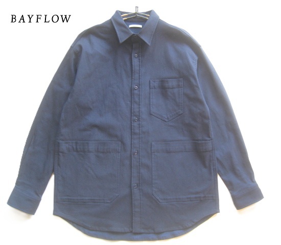 美品!!ベイフロー BAYFLOW*カバーオール型 ビッグポケット ワークシャツジャケット 4 実寸L ネイビー サーフ SURF 海上がりに着たい拍卖