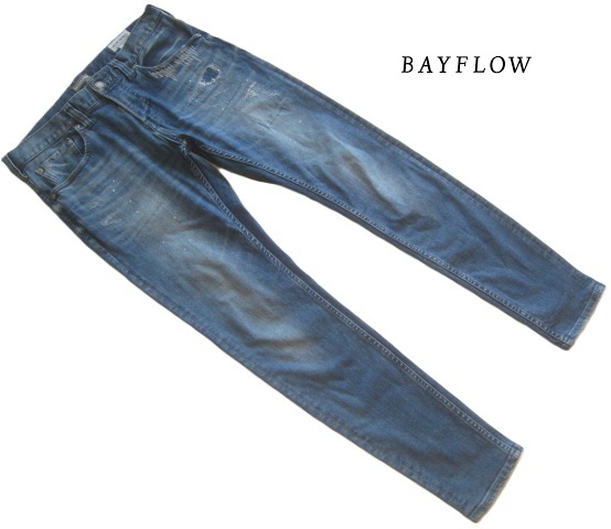 美品!!ベイフロー BAYFLOW*ロゴ革パッチ付き ヴィンテージ・リペア加工 5ポケットインディゴデニムジーンズ 30 実寸M 海上がりに着たい拍卖