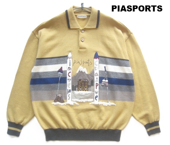 極上日本製!!ピアスポーツ PIASPORTS*スキー&ロゴ刺繍 襟付きウールニットセーター・長袖ニットポロシャツ 4 L ライカ RAIKA拍卖
