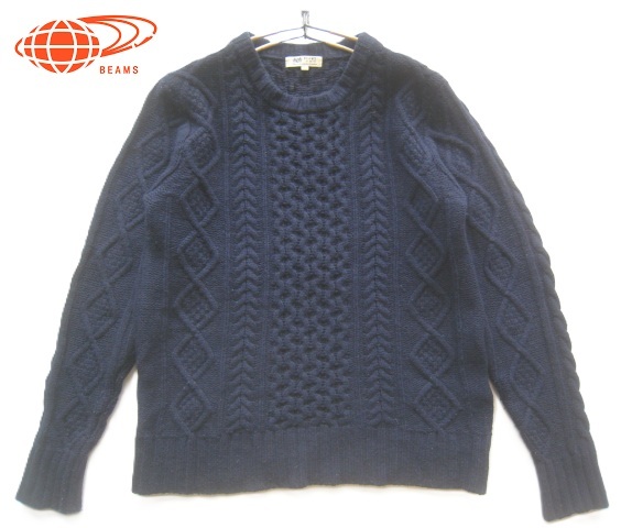 極上!!ビームス BEAMS*クルーネック ケーブル編みウールニットセーター L 紺 ネイビー ブリティッシュ拍卖