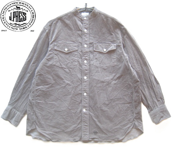美品!!ジェイプレス J.PRESS*ダブルポケット ストレッチ細畝コーデュロイバンドカラーシャツ S グレー トラッド Jプレス拍卖