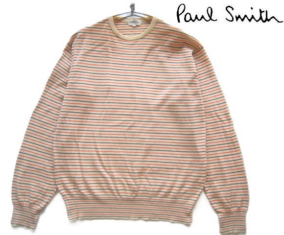極上日本製!!ポールスミス ロンドン Paul Smith LONDON*クルーネック ボーダー柄コットンニットセーター L ベージュ COLLECTION拍卖