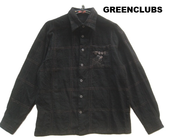 極上日本製!!グリーンクラブ GREENCLUBS*スヌーピーコラボ FLYING ACE刺繍 チェック柄刺繍ウールネルシャツ 4 実寸S 黒 ブラック拍卖