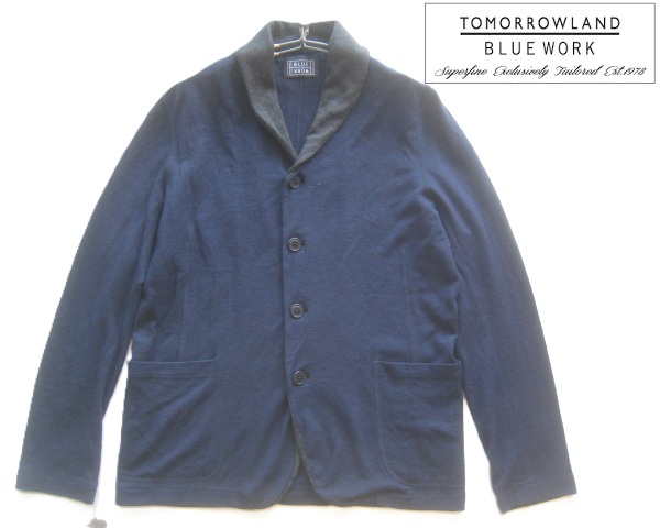 美品日本製!!トゥモローランド ブルーワーク TOMORROWLAND BLUE WORK*ショールネックウールニットジャケット・カーディガン M 紺×灰拍卖