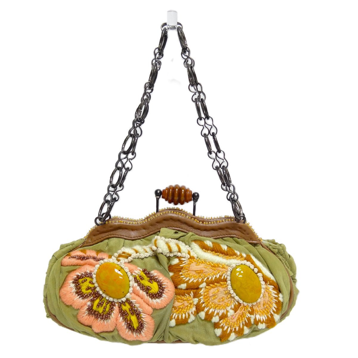 JAMIN PUECH ジャマン ピュエッシュ ハンドバッグ パーティーバッグ ビジュー 刺繍 グリーン×オレンジ H.P.FRANCE BIJOUX ☆拍卖